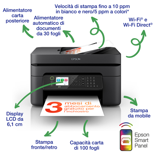 Epson WorkForce WF-2950DWF stampante multifunzione A4 getto d’inchiostro (stampa, scansione, copia), Display LCD 6.1cm, ADF, WiFi Direct, AirPrint, 3 mesi di inchiostro incluso con ReadyPrint, Ad inchiostro, Stampa a colori, 5760 x 1440 DPI, Copia a color