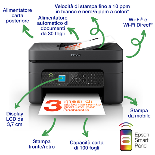 Epson WorkForce WF-2930DWF stampante multifunzione A4 getto d’inchiostro (stampa, scansione, copia), display LCD 3.7cm, ADF, WiFi Direct, 3 mesi di inchiostro incluso con ReadyPrint, Ad inchiostro, Stampa a colori, 5760 x 1440 DPI, A4, Stampa diretta, Ner